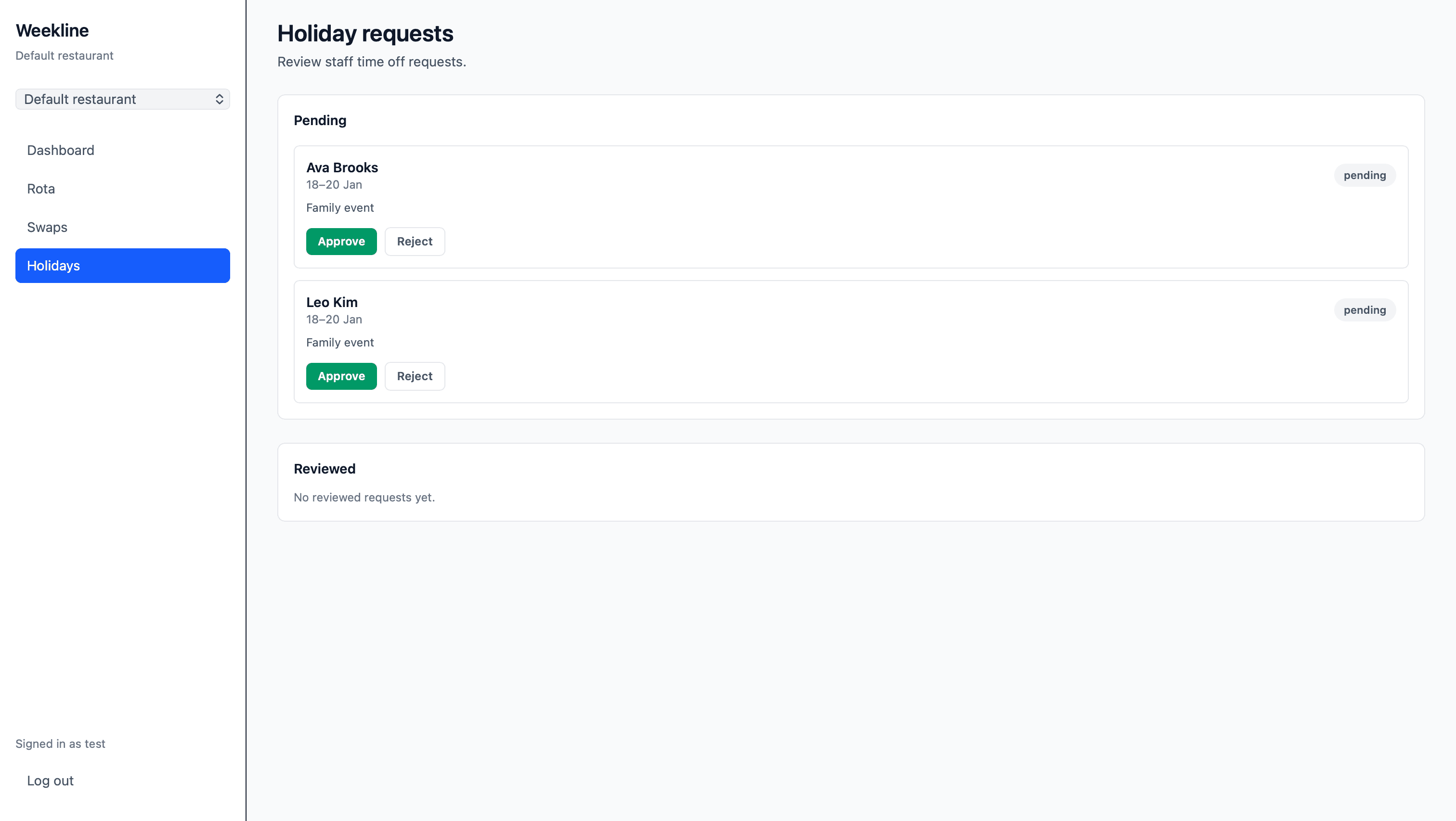 Manager view showing holiday requests awaiting approval