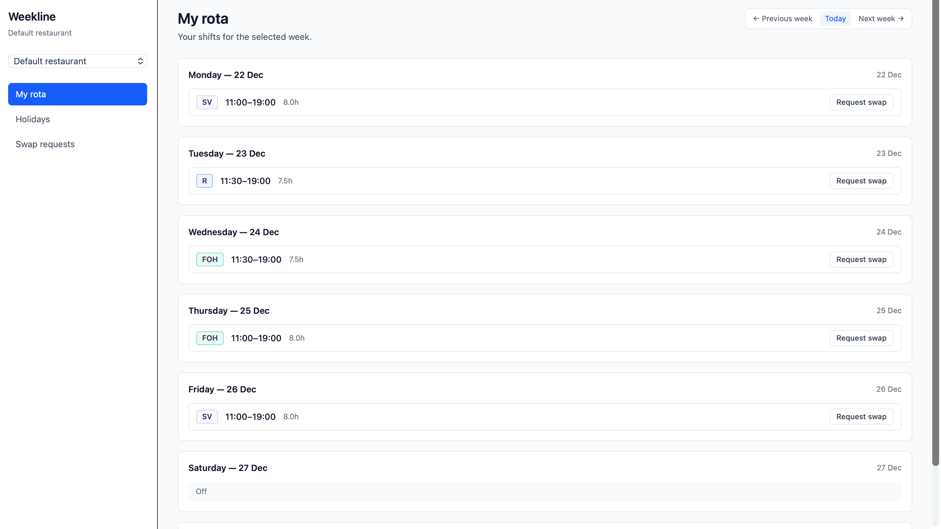 Staff view showing upcoming shifts
